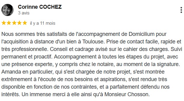 Témoignage cinq étoiles DOMICILIUM Chasseur Immobilier Toulouse