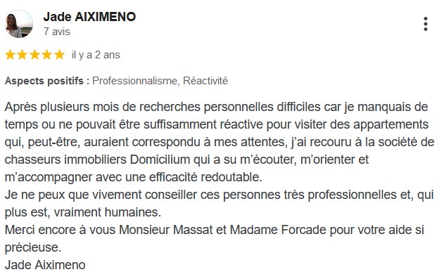 Témoignage cinq étoiles DOMICILIUM Chasseur Immobilier