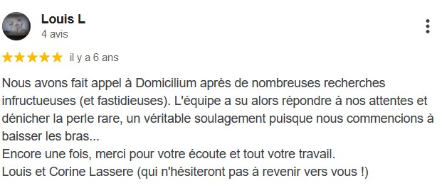 Avis client cinq étoiles Domicilium Chasseur Immo