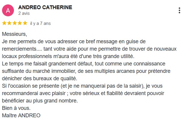 Avis client cinq étoiles Domicilium Chasseur Immobilier local professionnel
