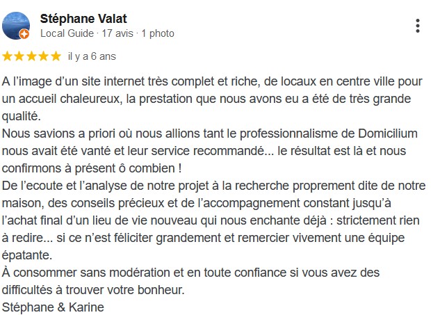 Avis Google Domicilium 5 étoiles chasseur Immobilier