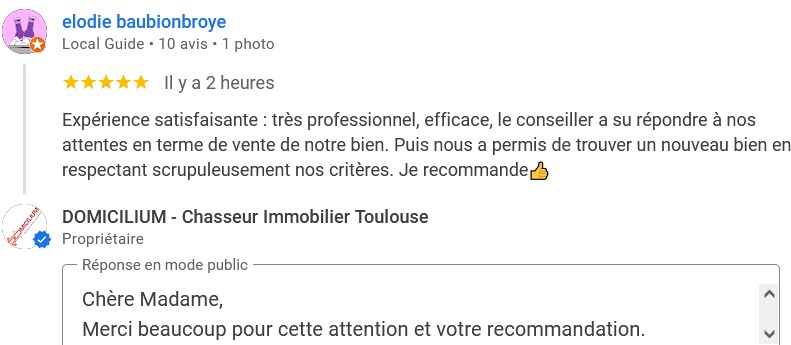 Avis Recomandation - 5 étoiles Chaseur Immobilier Toulouse