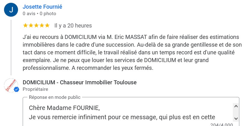 Témoignage client de Domicilium Chasseur Immobilier Toulouse