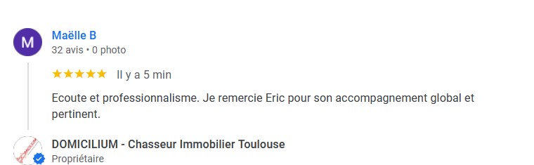 Chasseur Immobilier Toulouse témoignage client 5 étoiles