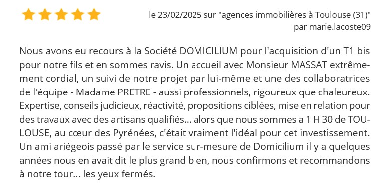 Avis client 5 étoiles Domicilium Chasseur Immobilier - Pages Jaunes