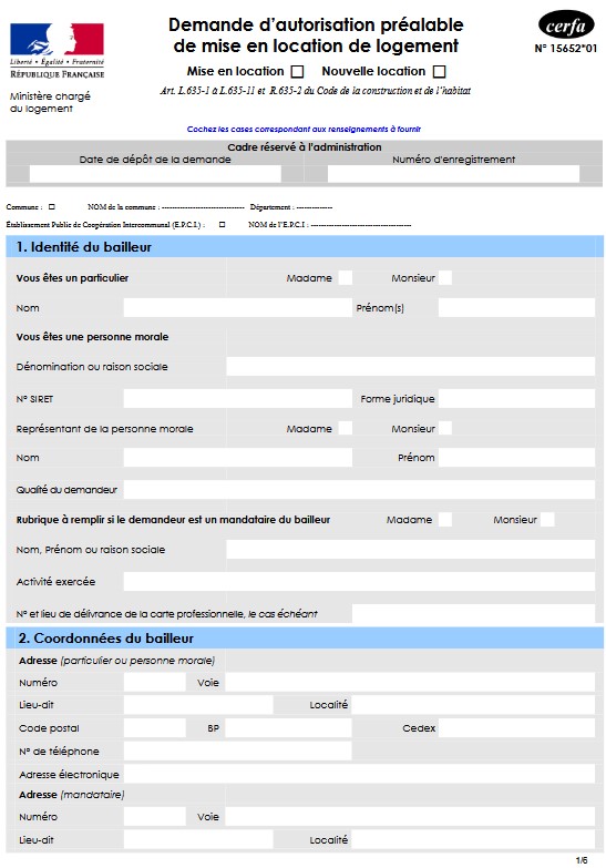Cerfa autorisation préalable de mise en location (APML) 1 Cerfa autorisation préalable de mise en location (APML) 1