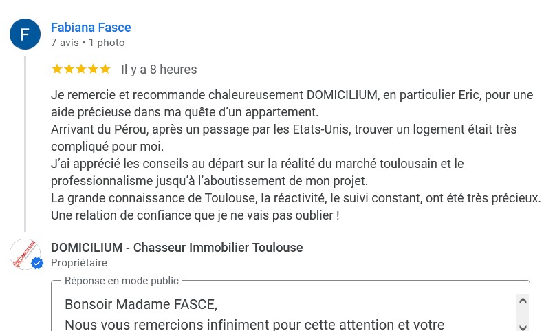 Avis Google 5 étoiles Domicilium Chasseur Immobilier Toulouse 31