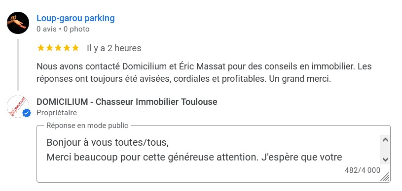 Avis positif DOMICILIUM chasseur immo Toulouse