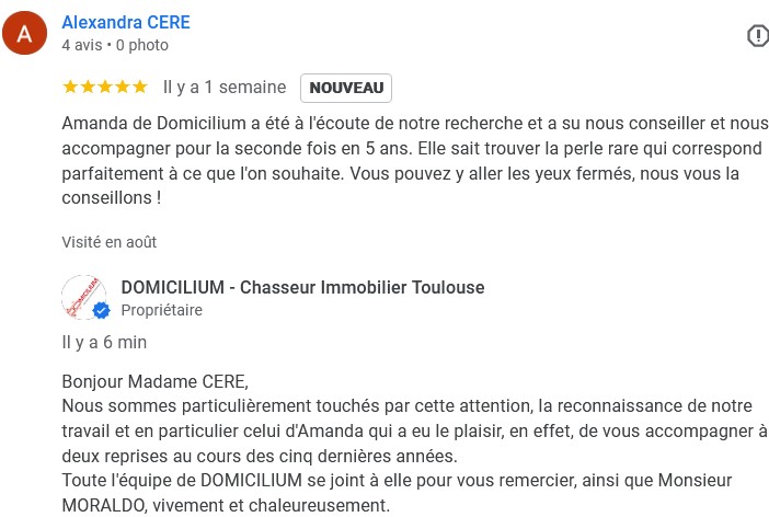 Avis 5 étoiles - le top des avis Google - Domicilium chasseur immobilier