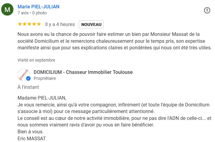 Témoignage clien 5 étoiles Google pour Domicilium Chasseur Immo