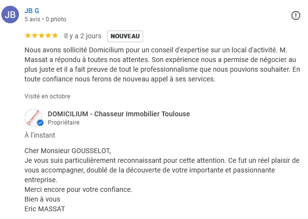 Avis 5 étoiles Google pour Domicilium Chasseur Immobilier Toulouse