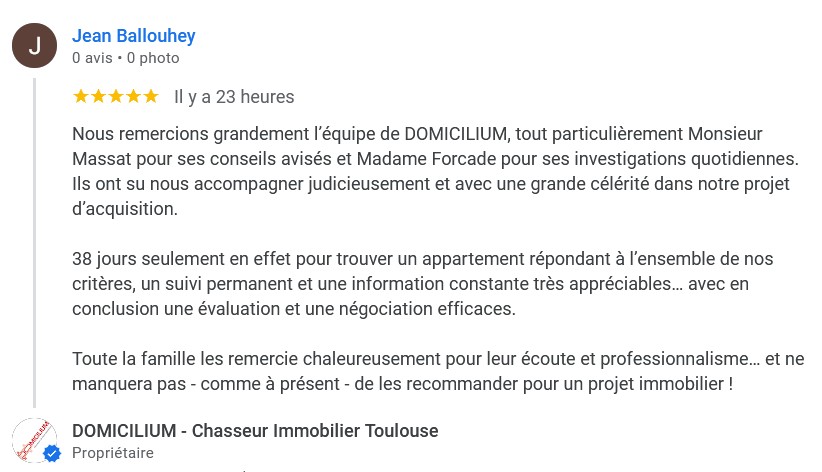 Chasseur Immobilier - recommandation client avis google 5 étoiles