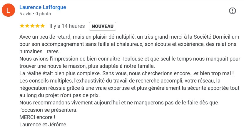 Avis 5 étoiles chasseur immo recommandation client satisfait