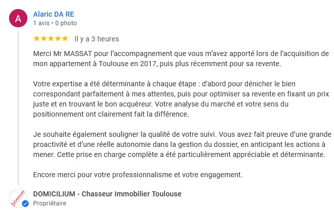 Avis client Domicilium Chasseur Immo - témoignage 5 étoiles