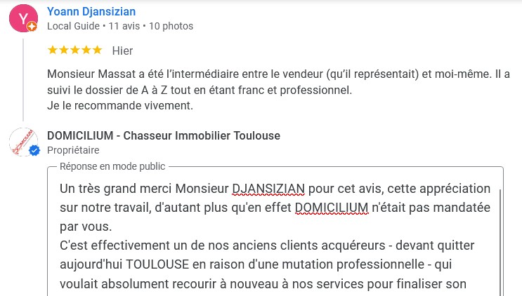 Avis google chasseur immobilier 5 étoiles