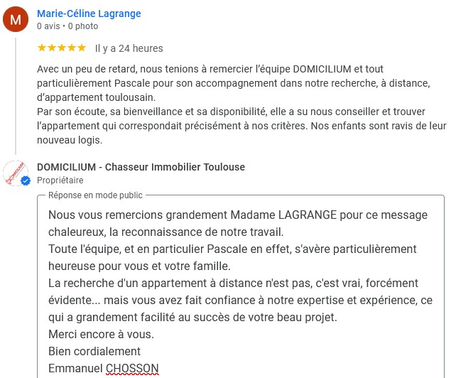 Avis 5 étoiles chasseur appartement toulouse