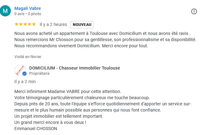 Reconaissance client du travail de Domicilium Chasseur Immo