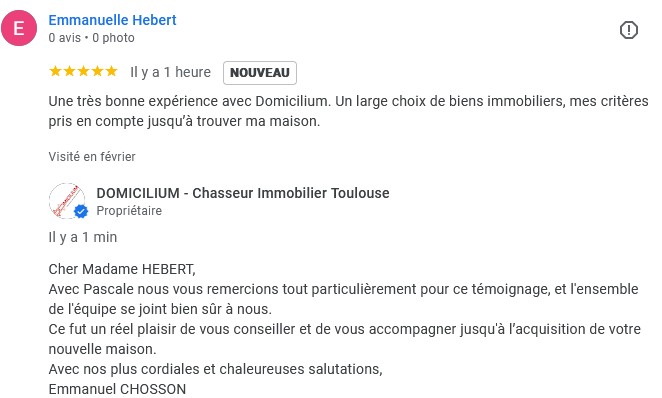 Avis 5 étoiles équipe dde chasseurs immobiliers Toulouse