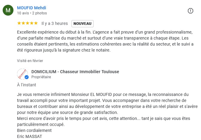 Témoignage client 5 étoiles chasseur immo Toulouse