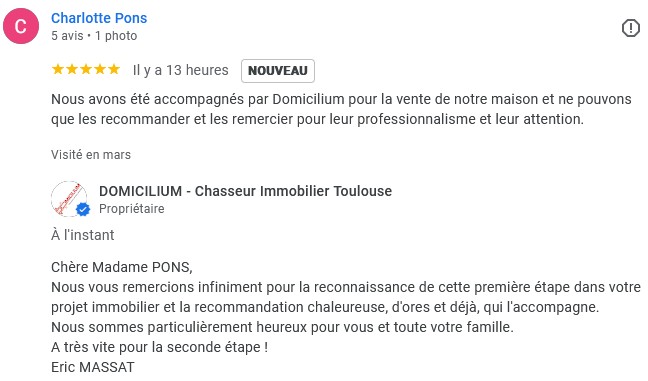 Recommandation client - 5 étoiles pour Domicilium Chasseur Immo
