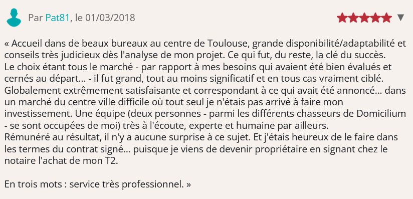 Avis 5 étoiles Justacoté Chasseur Immobilier Toulouse