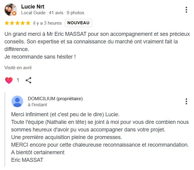 Témoignage 5 étoiles DOMICILIUM Chasseur Immobilier