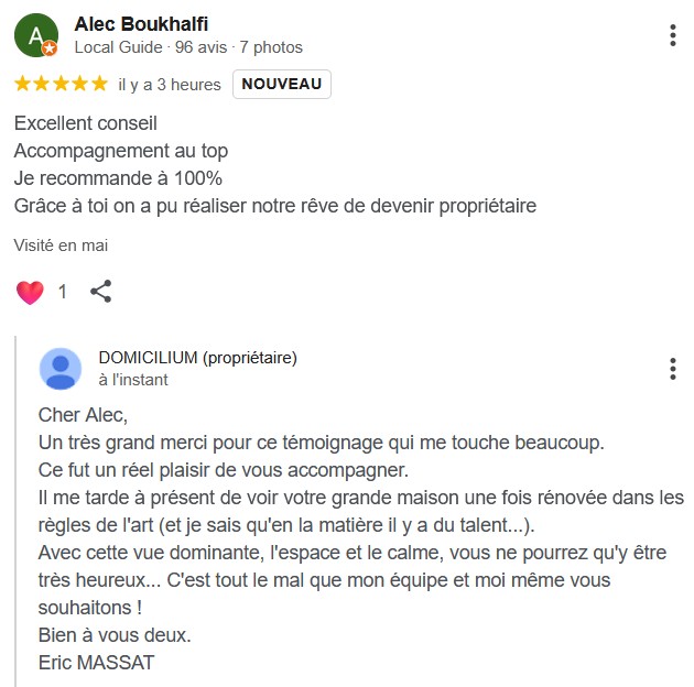 Avis 5 étoiles DOMICILIUM Chasseur Immobilier TOULOUSE 31