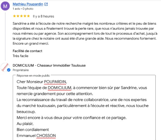 Recommandation chasseur immobilier - 5 étoiles google